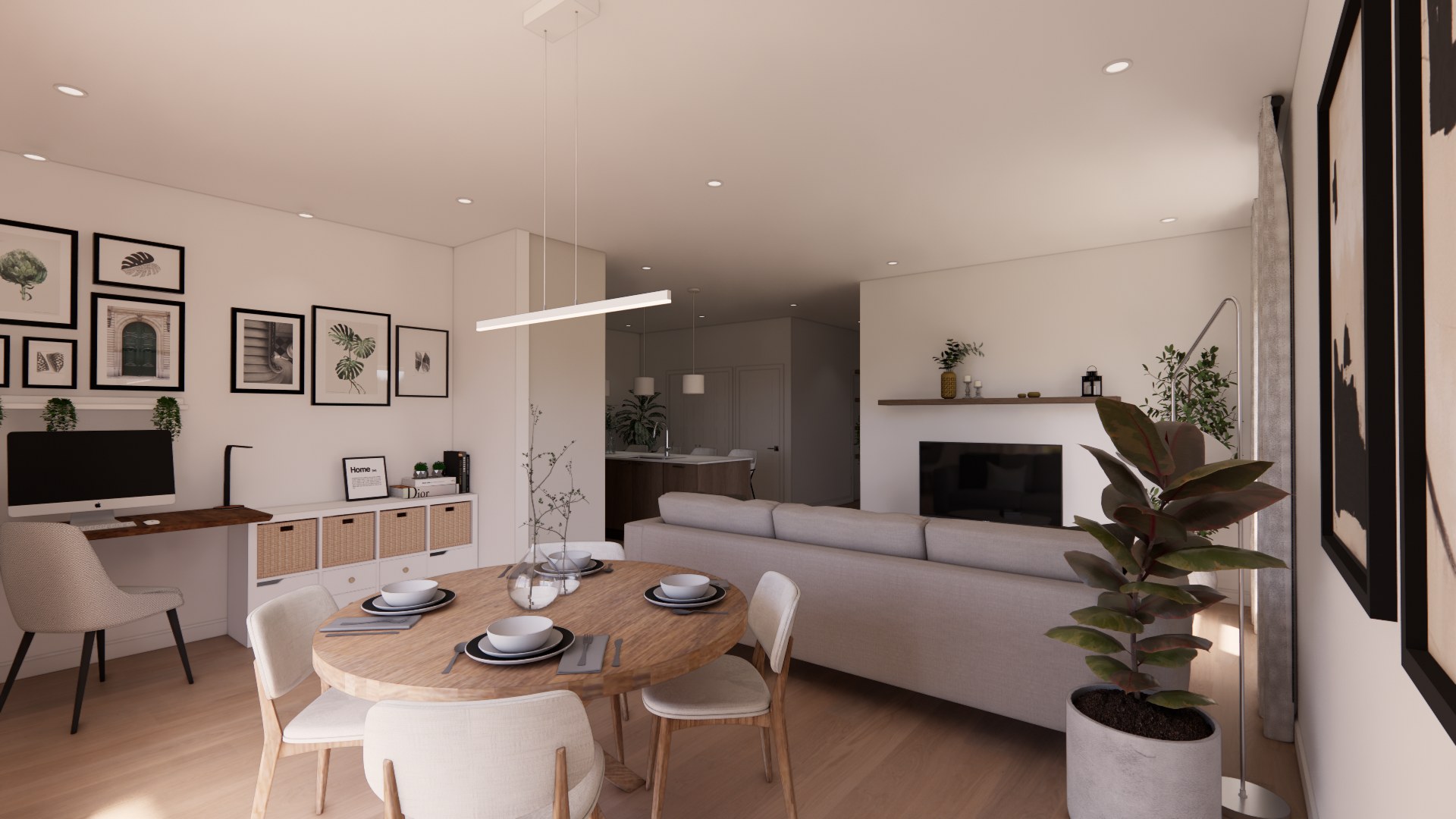 Bright living and dining room of a Le Carré Douville apartment, artist’s rendering
